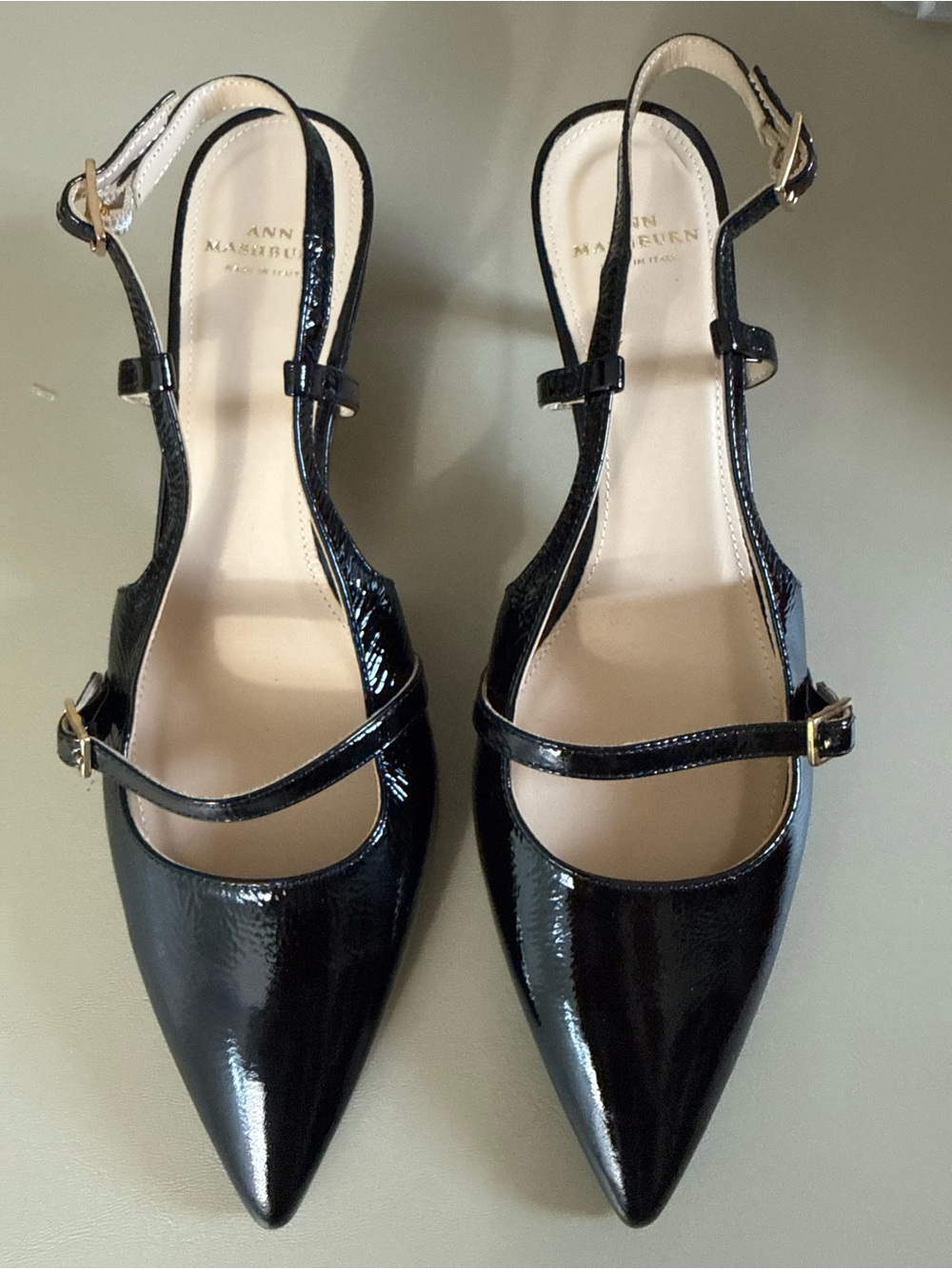 Ann Mashburn patent leather, black, pointy toe, Mary Jane, kitten heels size 9